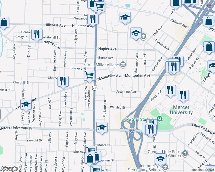 map of restaurants, bars, coffee shops, grocery stores, and more near 2538 Montpelier Avenue in Macon
