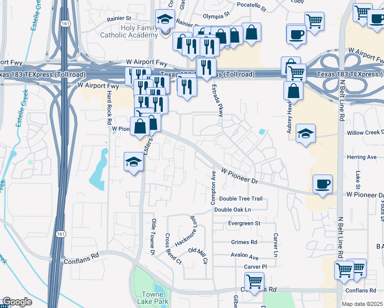 map of restaurants, bars, coffee shops, grocery stores, and more near 4159 West Pioneer Drive in Irving