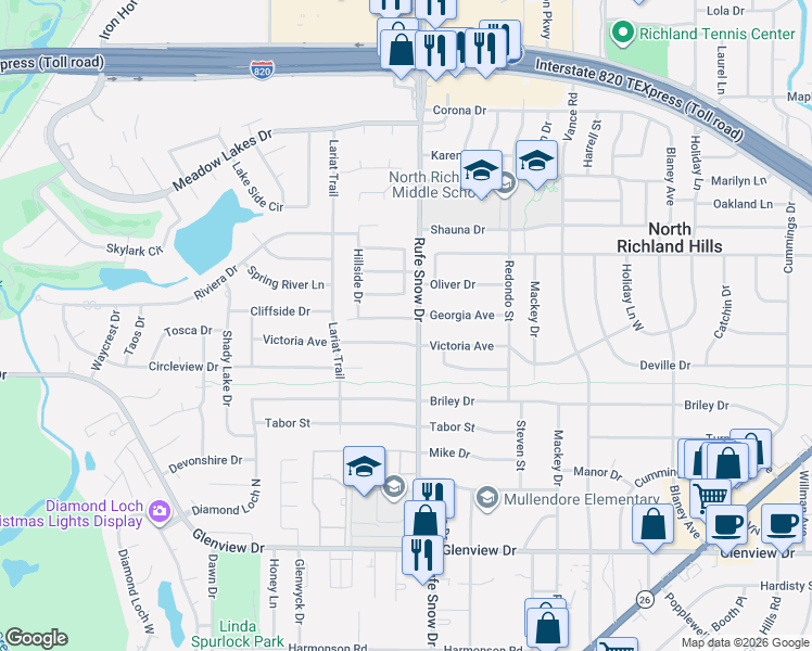 map of restaurants, bars, coffee shops, grocery stores, and more near 6641 Pleasant Ridge Drive in Fort Worth
