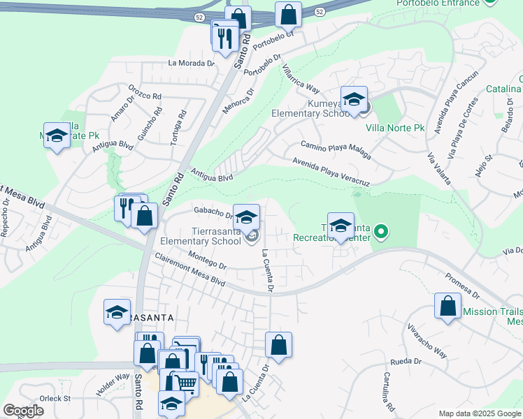 map of restaurants, bars, coffee shops, grocery stores, and more near 5550 La Cuenta Drive in San Diego