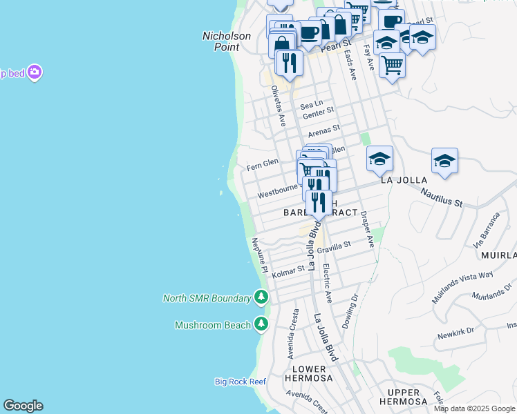 map of restaurants, bars, coffee shops, grocery stores, and more near 7010 Vista Del Mar Avenue in San Diego