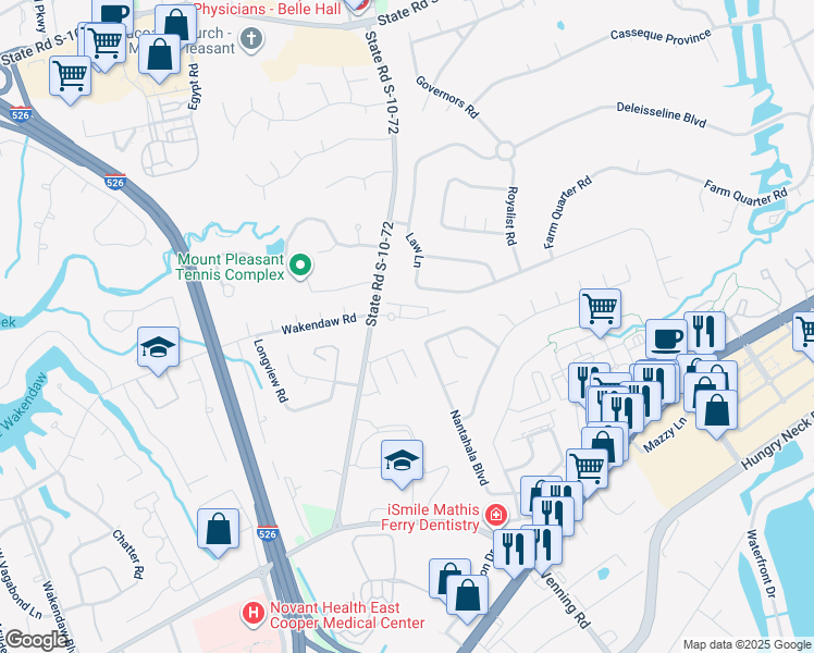map of restaurants, bars, coffee shops, grocery stores, and more near 1616 Ware Bottom Lane in Mount Pleasant