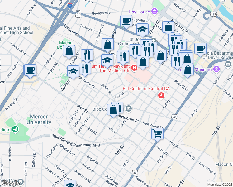 map of restaurants, bars, coffee shops, grocery stores, and more near 926 Cole Street in Macon