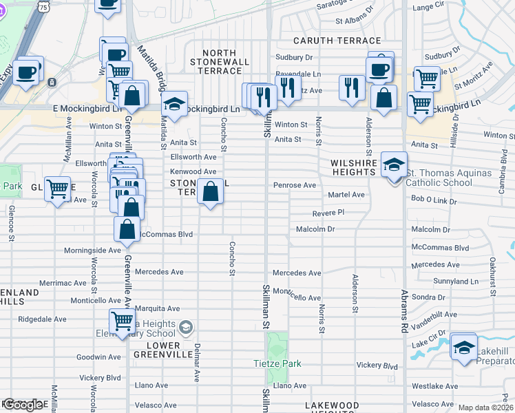 map of restaurants, bars, coffee shops, grocery stores, and more near 6055 Martel Avenue in Dallas