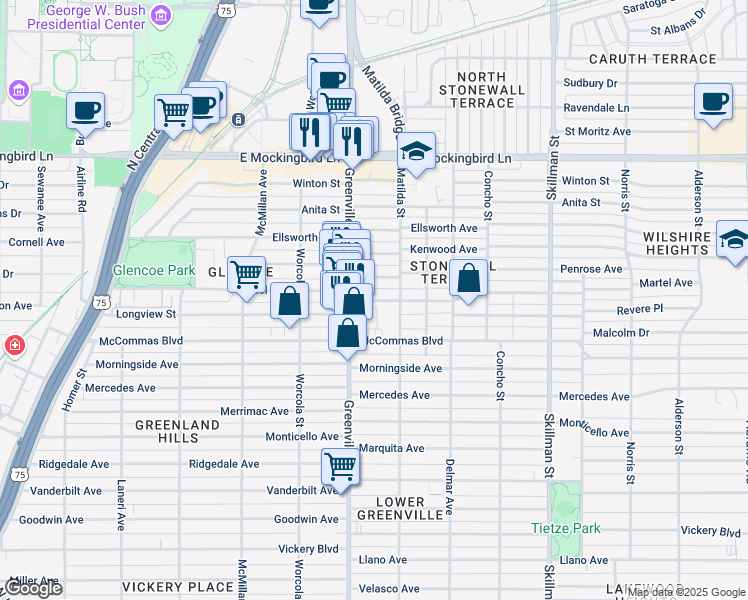 map of restaurants, bars, coffee shops, grocery stores, and more near 5716 Penrose Avenue in Dallas
