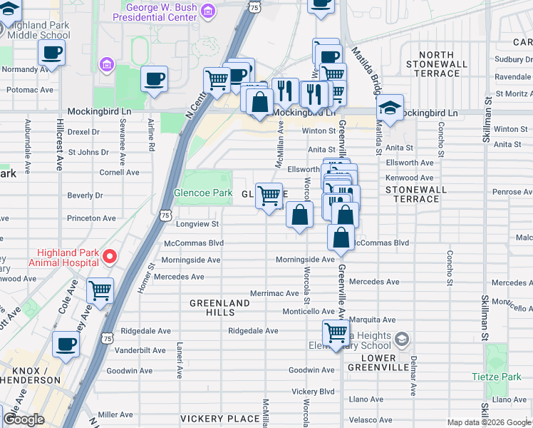 map of restaurants, bars, coffee shops, grocery stores, and more near 5515 Martel Avenue in Dallas