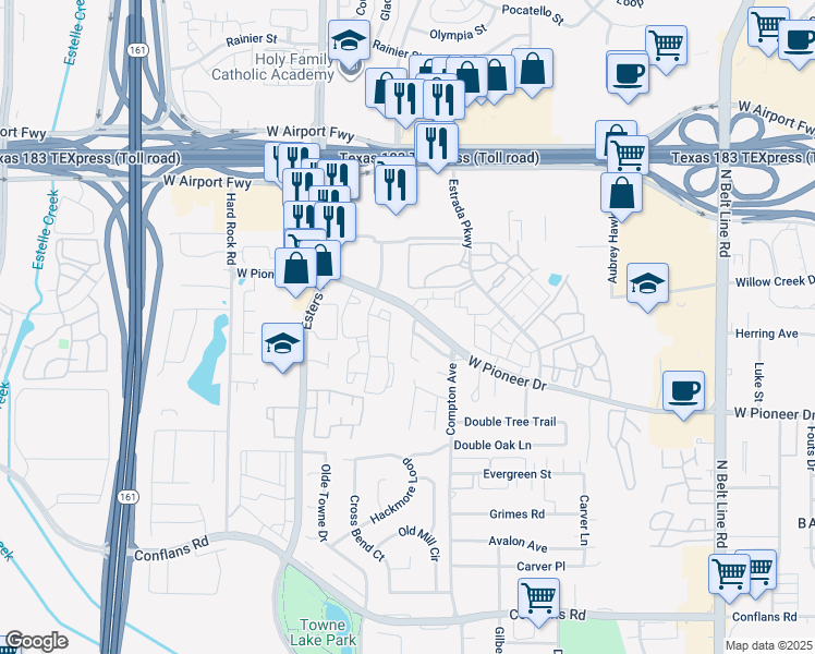 map of restaurants, bars, coffee shops, grocery stores, and more near 4159 West Pioneer Drive in Irving