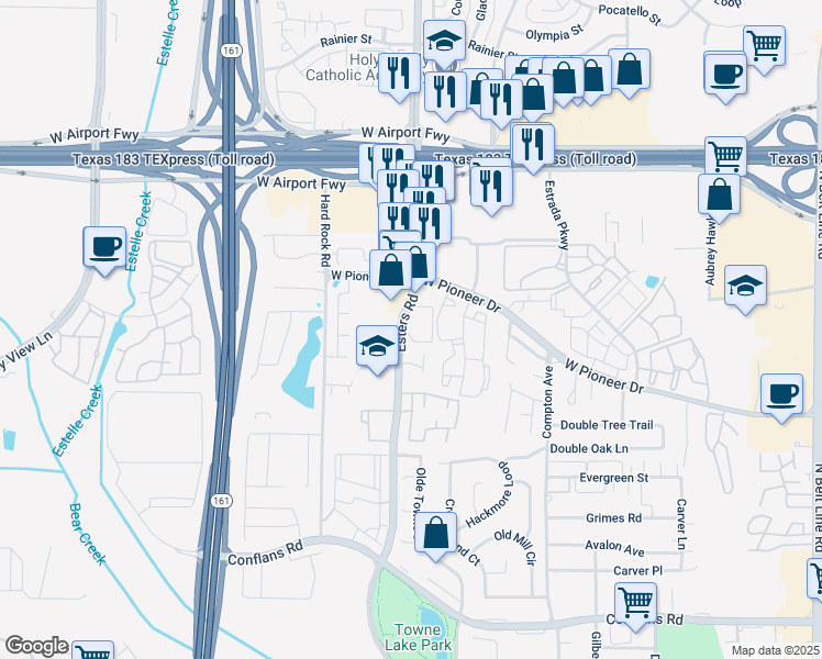 map of restaurants, bars, coffee shops, grocery stores, and more near 1812 Esters Road in Irving