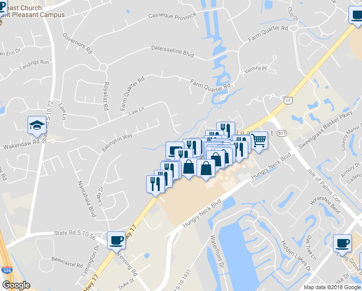 map of restaurants, bars, coffee shops, grocery stores, and more near 1798 Parc Vue in Mount Pleasant
