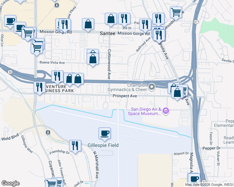 map of restaurants, bars, coffee shops, grocery stores, and more near 10340 Prospect Avenue in Santee