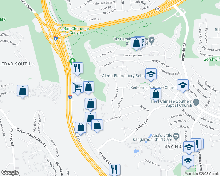map of restaurants, bars, coffee shops, grocery stores, and more near 4617 Monongahela Street in San Diego