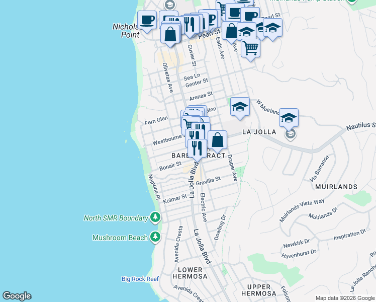 map of restaurants, bars, coffee shops, grocery stores, and more near 470 Nautilus Street in San Diego