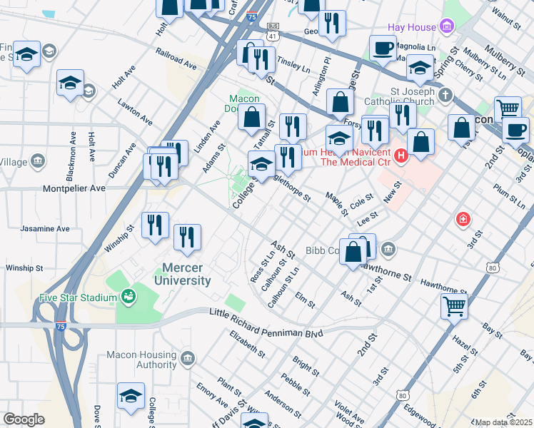 map of restaurants, bars, coffee shops, grocery stores, and more near 1232 Shamrock Street in Macon