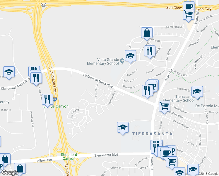 map of restaurants, bars, coffee shops, grocery stores, and more near 10150 Gayuba Lane in San Diego