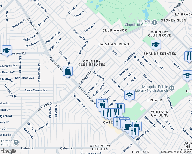 map of restaurants, bars, coffee shops, grocery stores, and more near 3457 Antilles Drive in Mesquite