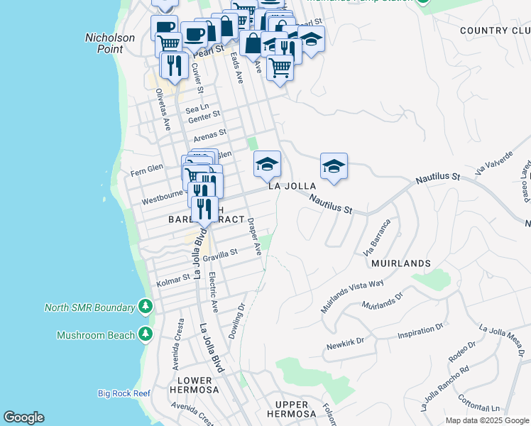 map of restaurants, bars, coffee shops, grocery stores, and more near 746 Bonair Street in San Diego