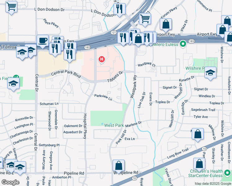 map of restaurants, bars, coffee shops, grocery stores, and more near 2829 Parkview Lane in Bedford