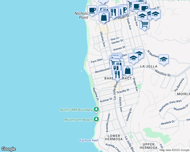 map of restaurants, bars, coffee shops, grocery stores, and more near 7010 Vista Del Mar Avenue in San Diego