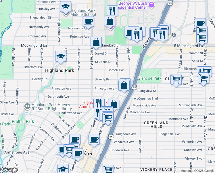 map of restaurants, bars, coffee shops, grocery stores, and more near 3213 Beverly Drive in Dallas