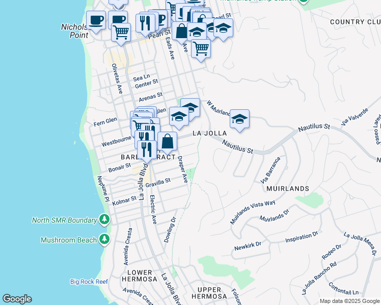 map of restaurants, bars, coffee shops, grocery stores, and more near 744 Bonair Street in San Diego