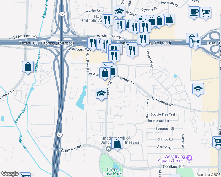 map of restaurants, bars, coffee shops, grocery stores, and more near 1812 Esters Road in Irving