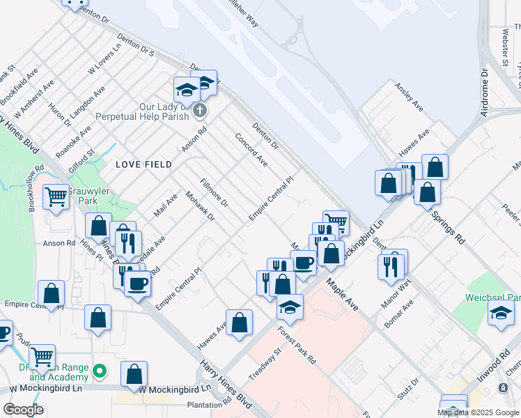 map of restaurants, bars, coffee shops, grocery stores, and more near 10104 Maple Avenue in Dallas