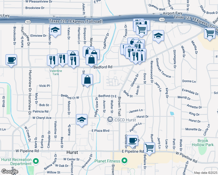map of restaurants, bars, coffee shops, grocery stores, and more near 1108 Belle Street in Bedford