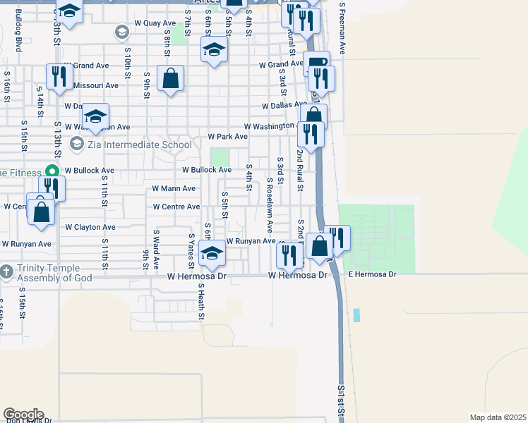 map of restaurants, bars, coffee shops, grocery stores, and more near 1002 South Roselawn Avenue in Artesia