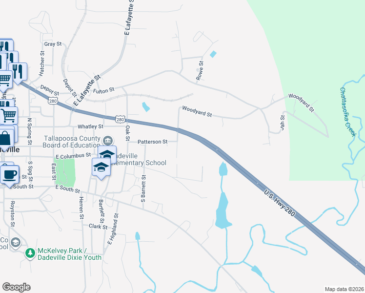 map of restaurants, bars, coffee shops, grocery stores, and more near Highway 38 in Dadeville
