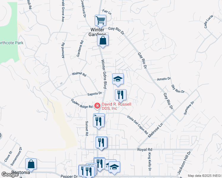 map of restaurants, bars, coffee shops, grocery stores, and more near 8514 Pueblo Road in Lakeside