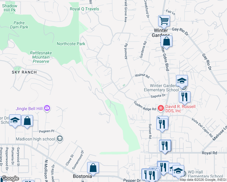 map of restaurants, bars, coffee shops, grocery stores, and more near 11656 Green Lane in Lakeside