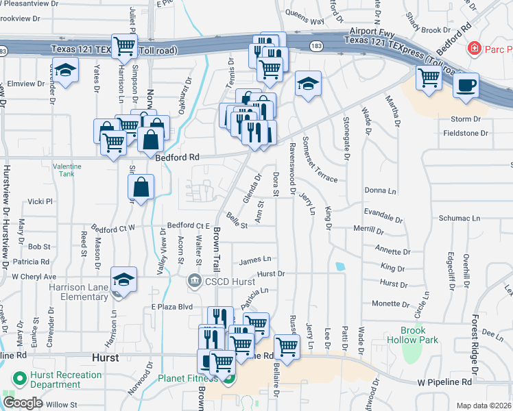 map of restaurants, bars, coffee shops, grocery stores, and more near 1200 Glenda Drive in Bedford