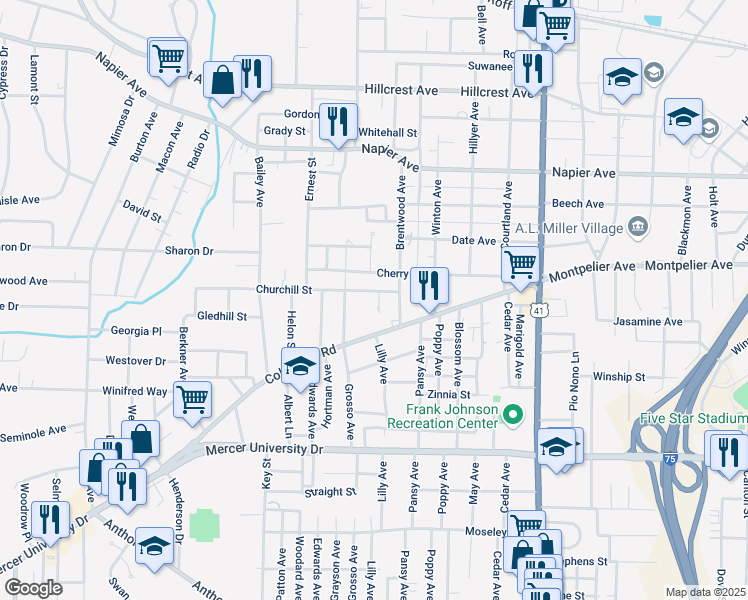 map of restaurants, bars, coffee shops, grocery stores, and more near 2848 Churchill Street in Macon