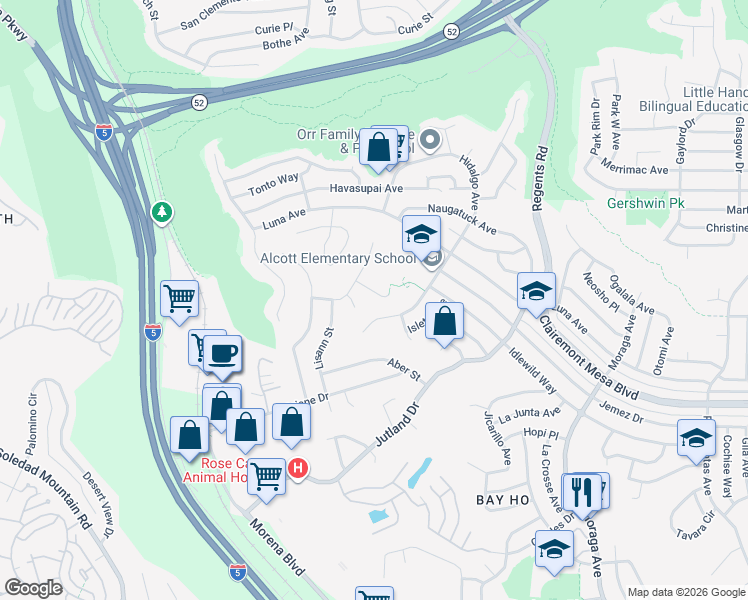 map of restaurants, bars, coffee shops, grocery stores, and more near 4716 Murat Place in San Diego