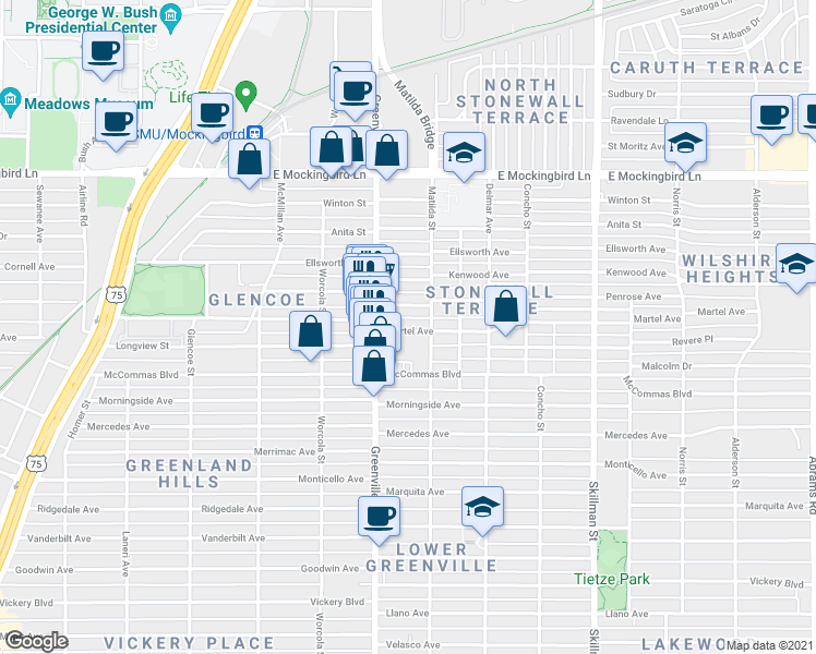 map of restaurants, bars, coffee shops, grocery stores, and more near 5716 Penrose Avenue in Dallas