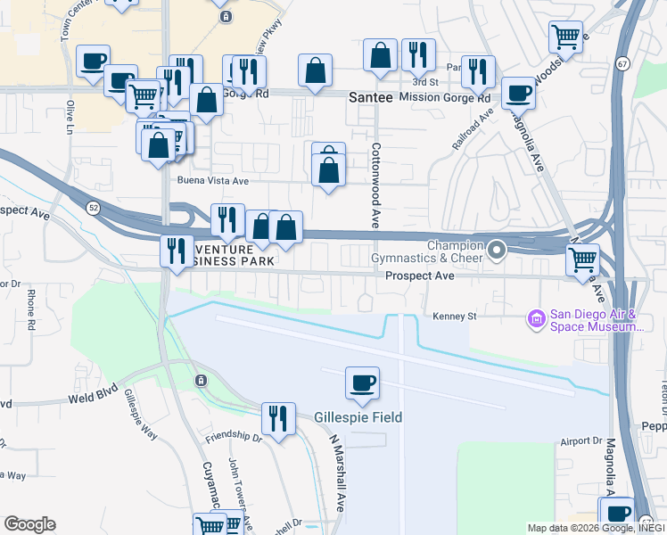 map of restaurants, bars, coffee shops, grocery stores, and more near 10208 Prospect Avenue in Santee