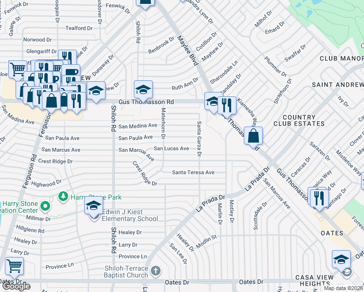 map of restaurants, bars, coffee shops, grocery stores, and more near 3216 San Paula Avenue in Dallas