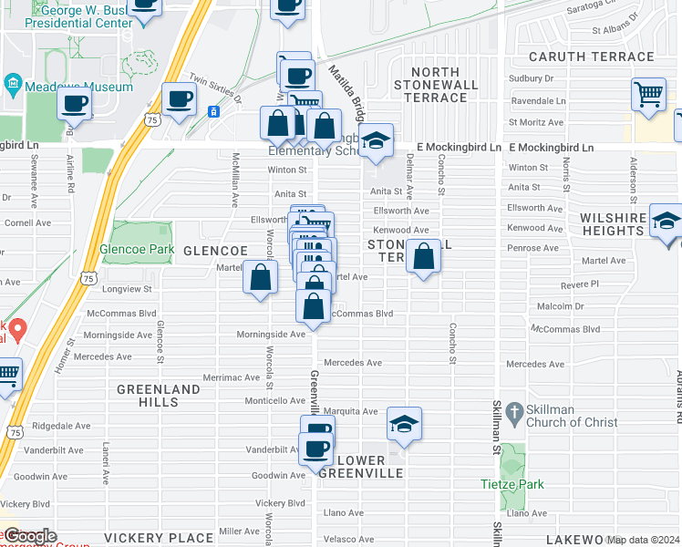 map of restaurants, bars, coffee shops, grocery stores, and more near 5716 Penrose Avenue in Dallas
