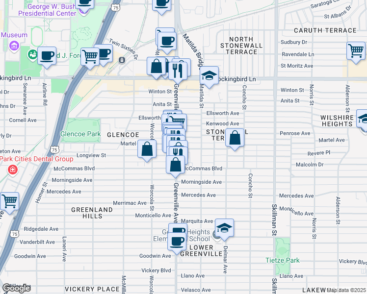 map of restaurants, bars, coffee shops, grocery stores, and more near 5716 Penrose Avenue in Dallas
