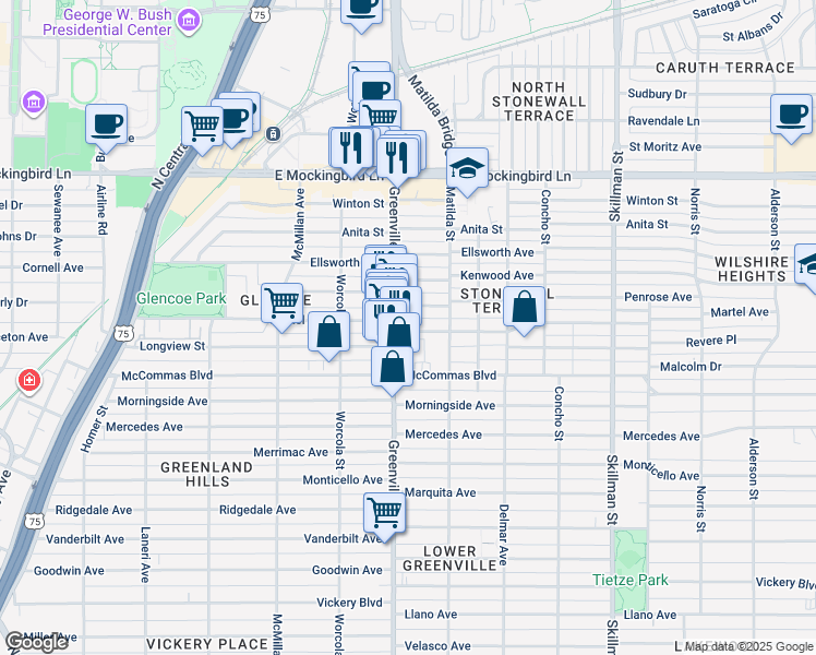 map of restaurants, bars, coffee shops, grocery stores, and more near 5716 Penrose Avenue in Dallas
