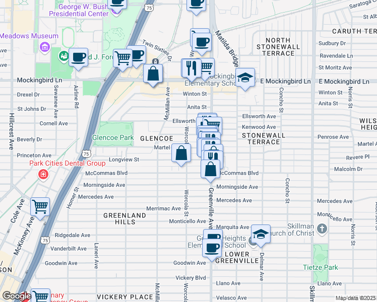 map of restaurants, bars, coffee shops, grocery stores, and more near 5555 Martel Avenue in Dallas