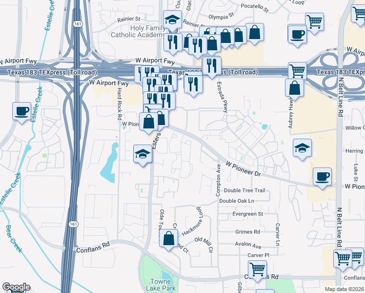 map of restaurants, bars, coffee shops, grocery stores, and more near in Irving