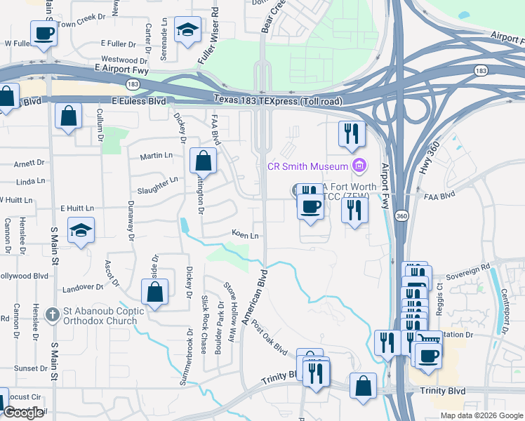 map of restaurants, bars, coffee shops, grocery stores, and more near 4768-4786 American Boulevard in Fort Worth