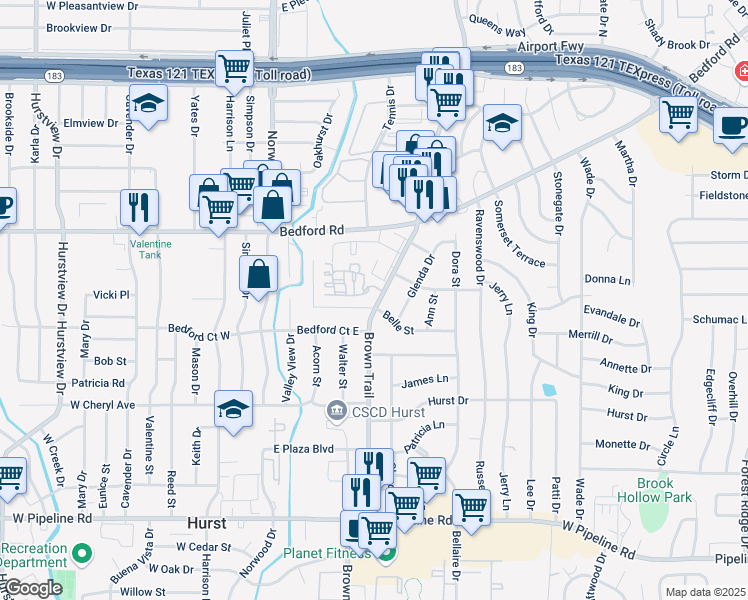 map of restaurants, bars, coffee shops, grocery stores, and more near 433 Pecan Bend Drive in Bedford