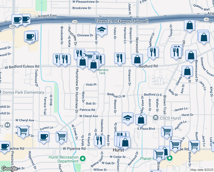 map of restaurants, bars, coffee shops, grocery stores, and more near 220 Olive Street in Hurst