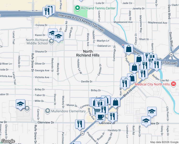 map of restaurants, bars, coffee shops, grocery stores, and more near 4617 Holiday Lane in North Richland Hills