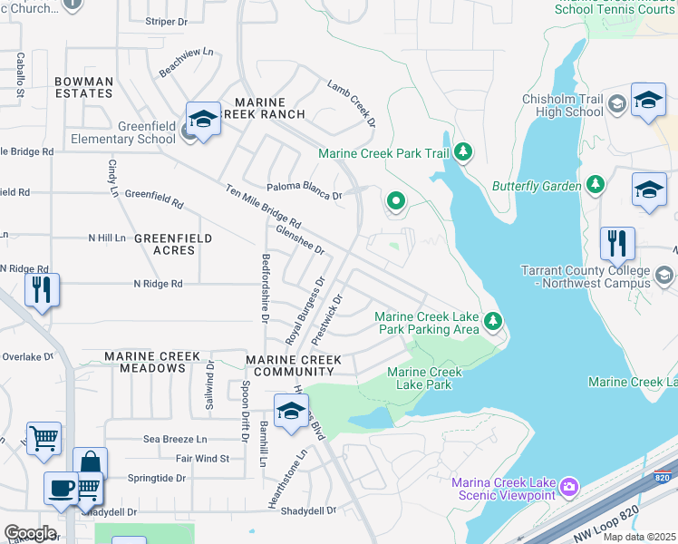 map of restaurants, bars, coffee shops, grocery stores, and more near 5317 Prestwick Drive in Fort Worth