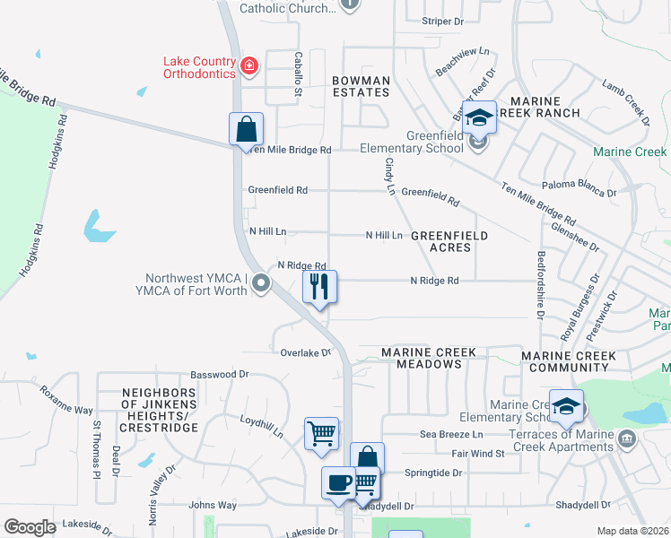 map of restaurants, bars, coffee shops, grocery stores, and more near 6229 North Hill Lane in Fort Worth