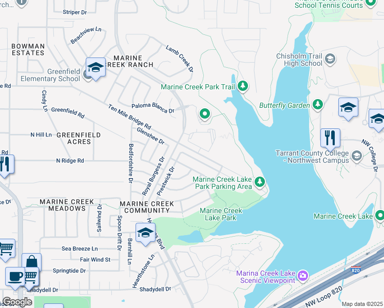 map of restaurants, bars, coffee shops, grocery stores, and more near 5420 New Castleton Lane in Fort Worth