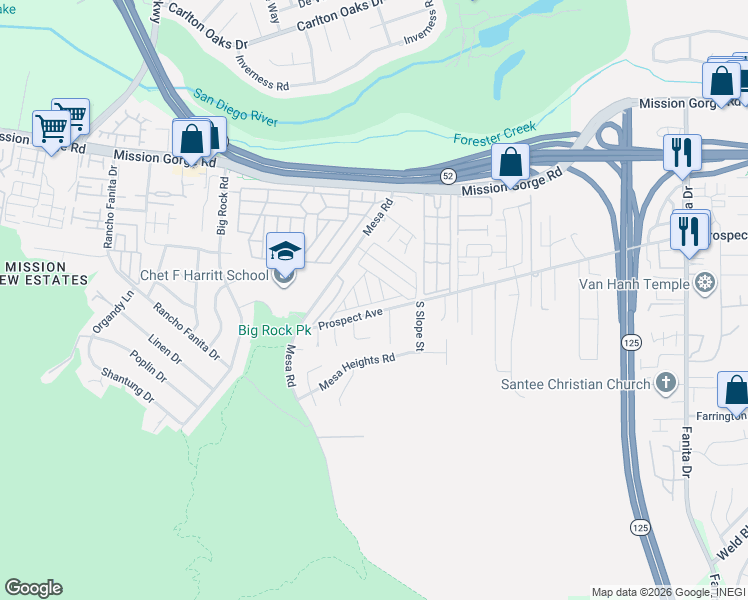 map of restaurants, bars, coffee shops, grocery stores, and more near 64 Greenhale Drive in Santee
